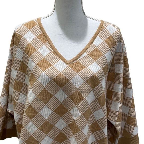 NEW A LOVE STORY Womens sweater 3x tan white checker v-neck sweater buttery soft - Picture 3 of 5